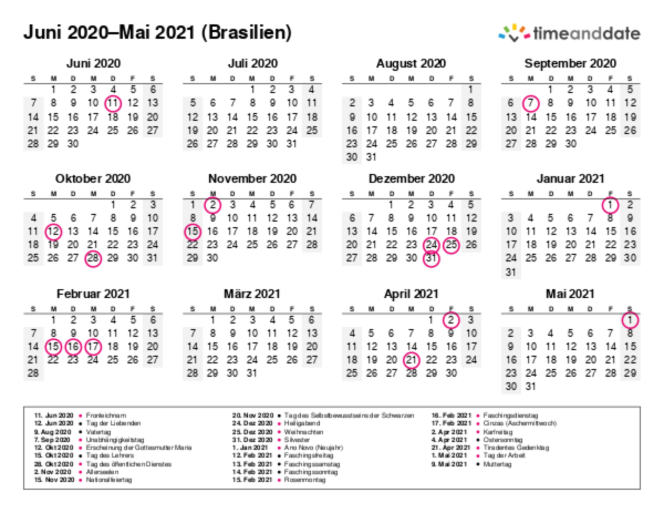 Kalender für 2020 in Brasilien