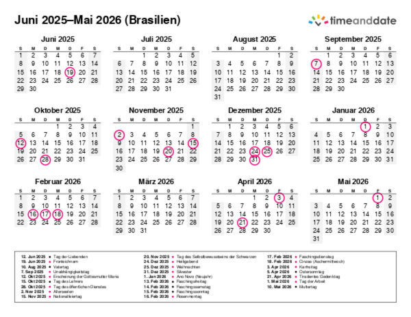 Kalender für 2025 in Brasilien