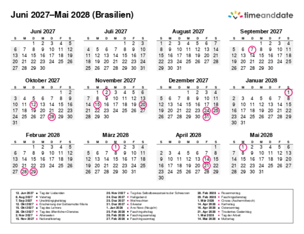 Kalender für 2027 in Brasilien