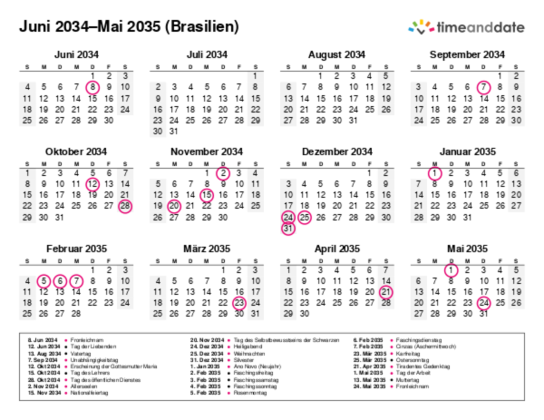 Kalender für 2034 in Brasilien