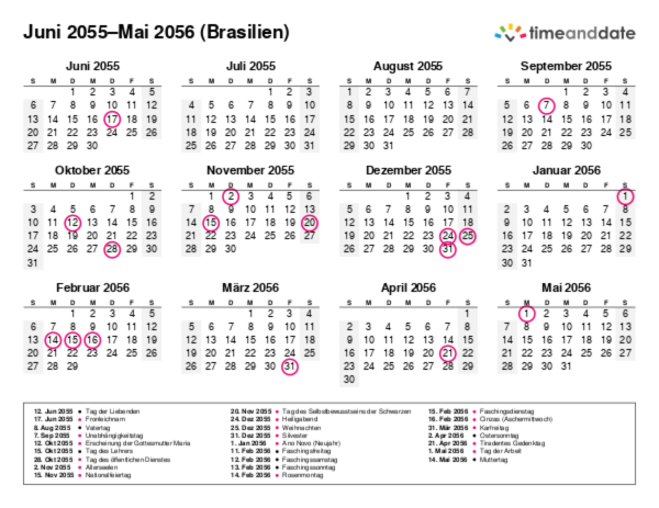 Kalender für 2055 in Brasilien
