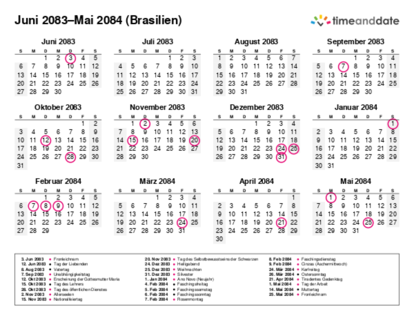 Kalender für 2083 in Brasilien