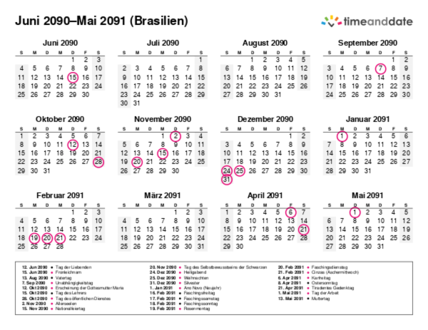 Kalender für 2090 in Brasilien