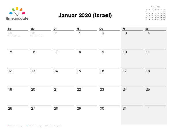 Kalender für 2020 in Israel