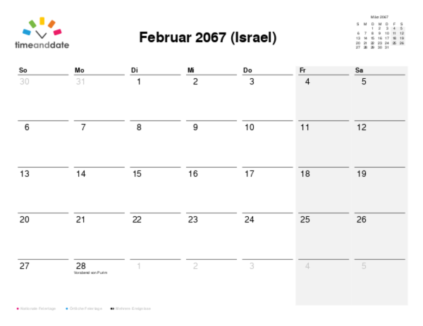 Kalender für 2067 in Israel