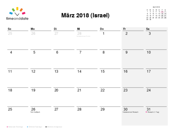 Kalender für 2018 in Israel