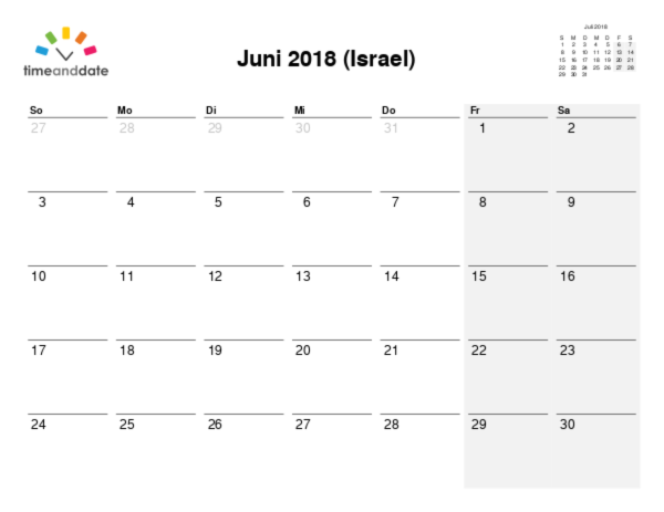 Kalender für 2018 in Israel
