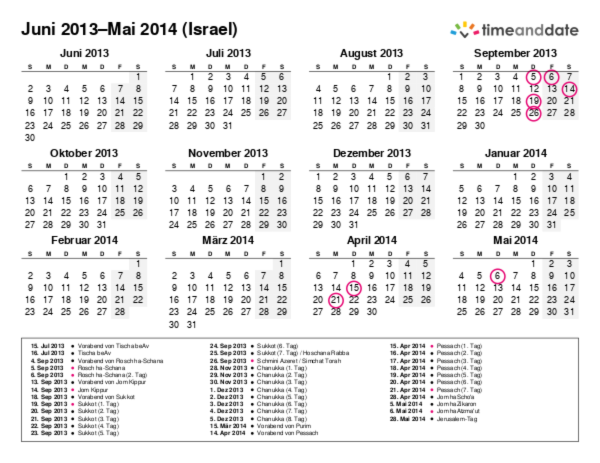 Kalender für 2013 in Israel
