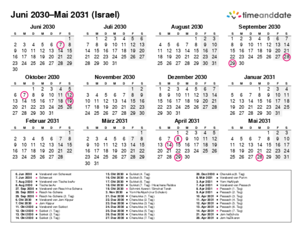 Kalender für 2030 in Israel