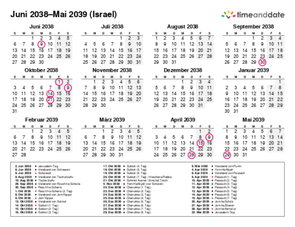 Kalender für 2038 in Israel
