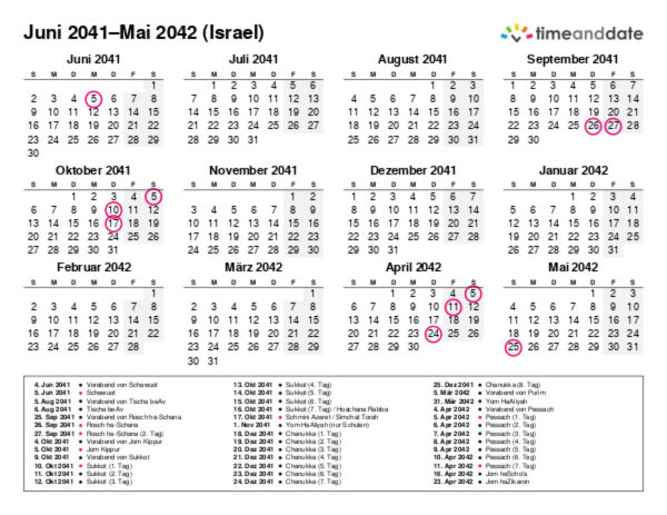 Kalender für 2041 in Israel