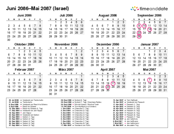 Kalender für 2086 in Israel