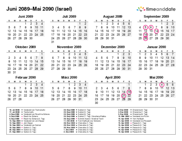 Kalender für 2089 in Israel