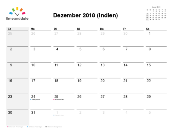 Kalender für 2018 in Indien
