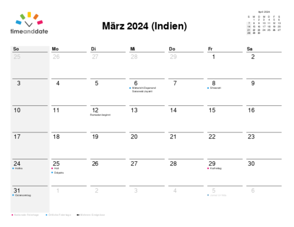 Kalender für 2024 in Indien
