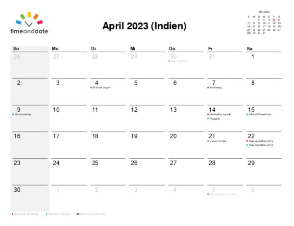 Kalender für 2023 in Indien