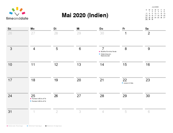 Kalender für 2020 in Indien