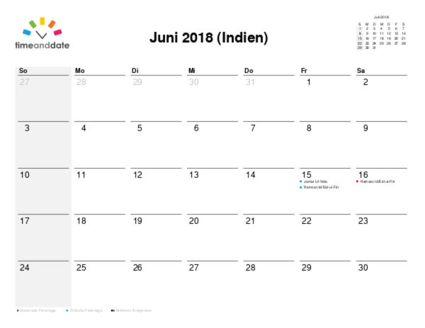Kalender für 2018 in Indien