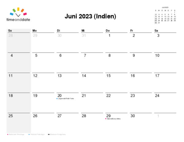 Kalender für 2023 in Indien