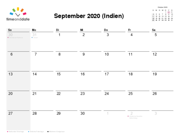 Kalender für 2020 in Indien