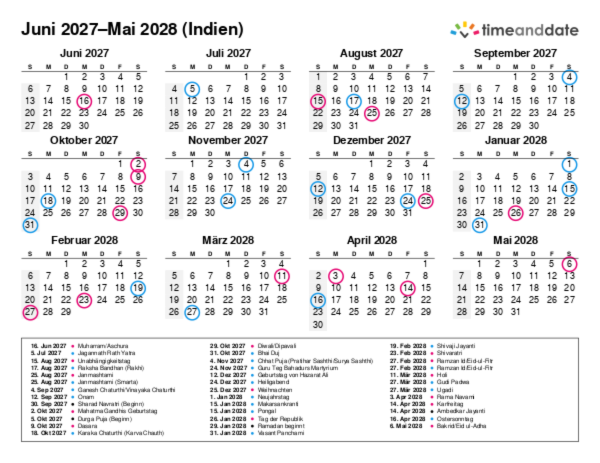 Kalender für 2027 in Indien