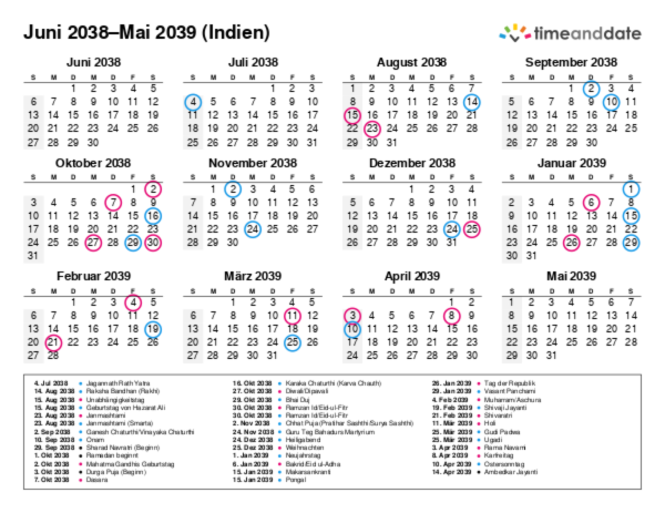 Kalender für 2038 in Indien