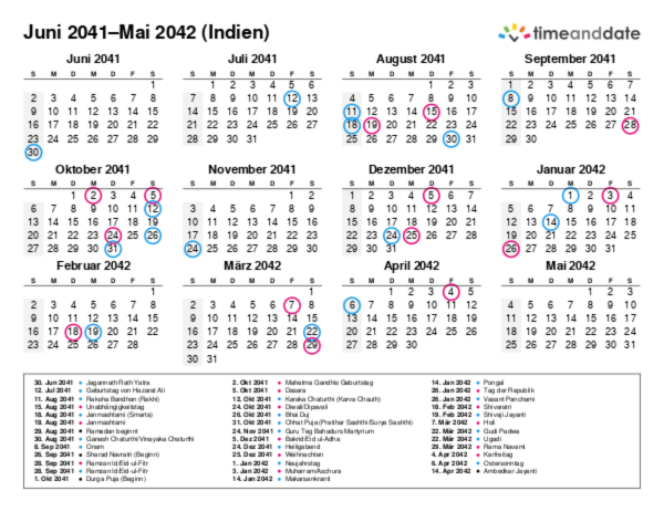 Kalender für 2041 in Indien