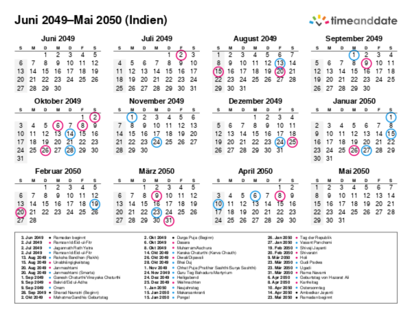 Kalender für 2049 in Indien