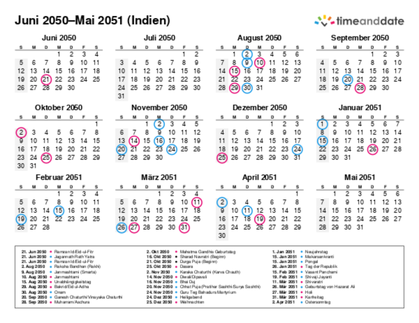 Kalender für 2050 in Indien