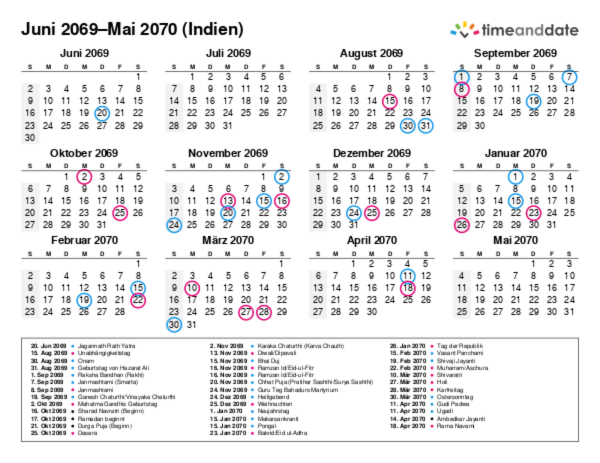 Kalender für 2069 in Indien