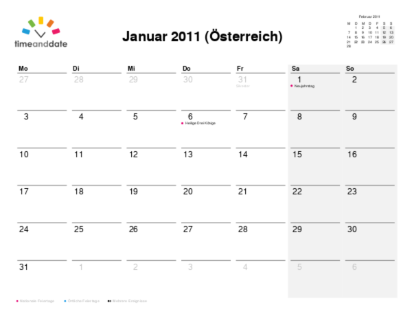 Kalender für 2011 in Österreich