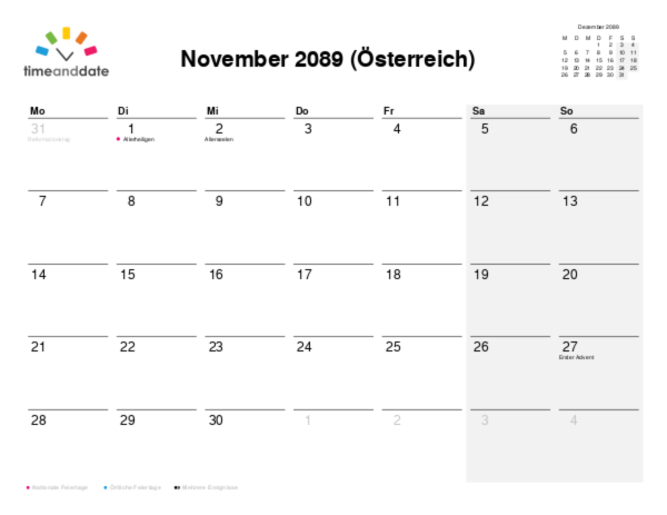 Kalender für 2089 in Österreich