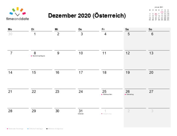 Kalender für 2020 in Österreich