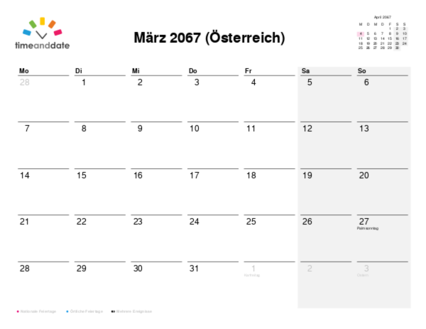 Kalender für 2067 in Österreich