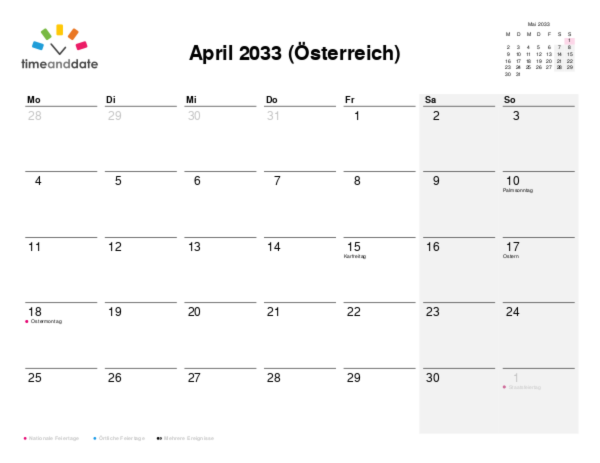 Kalender für 2033 in Österreich