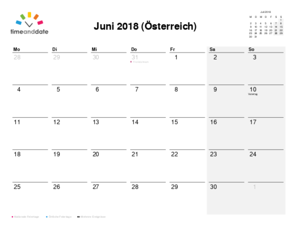 Kalender für 2018 in Österreich