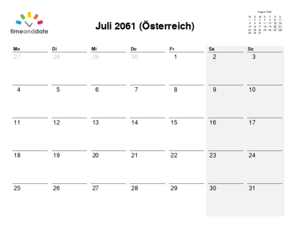 Kalender für 2061 in Österreich
