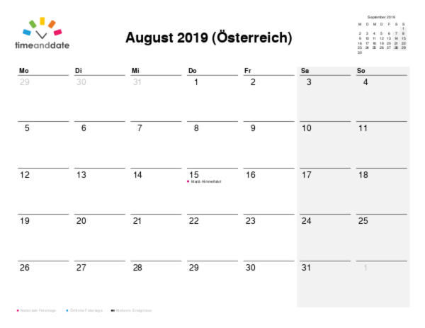 Kalender für 2019 in Österreich