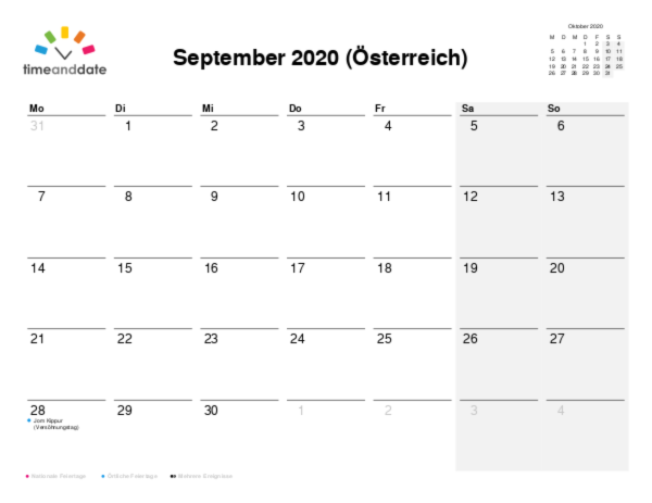 Kalender für 2020 in Österreich