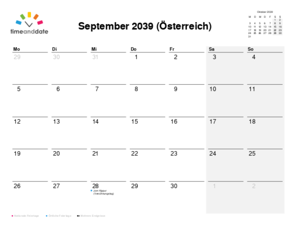 Kalender für 2039 in Österreich