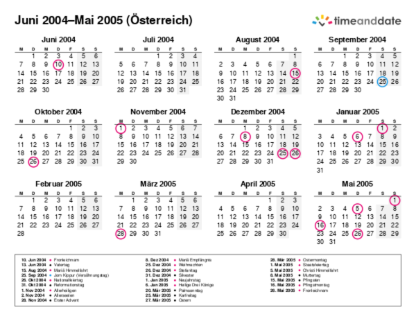 Kalender für 2004 in Österreich