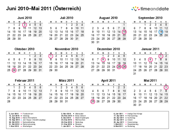 Kalender für 2010 in Österreich