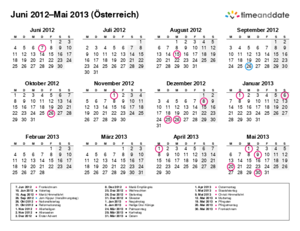 Kalender für 2012 in Österreich
