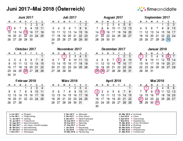 Kalender für 2017 in Österreich