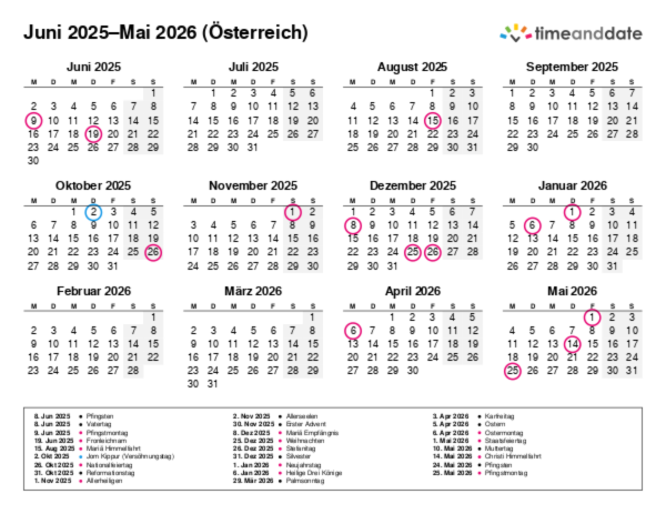 Kalender für 2025 in Österreich
