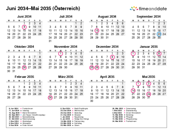 Kalender für 2034 in Österreich
