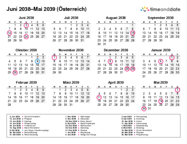 Kalender für 2038 in Österreich