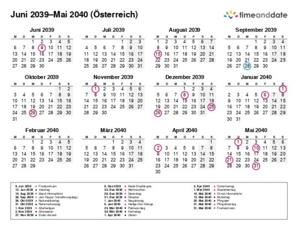 Kalender für 2039 in Österreich