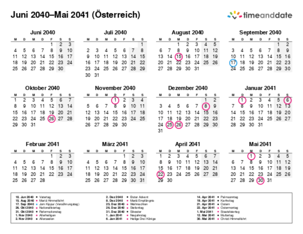 Kalender für 2040 in Österreich