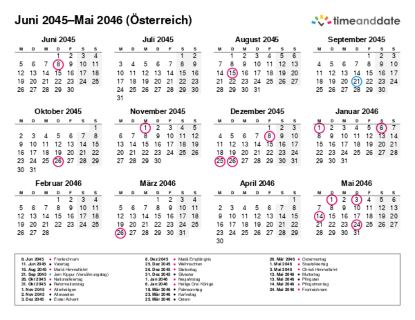 Kalender für 2045 in Österreich